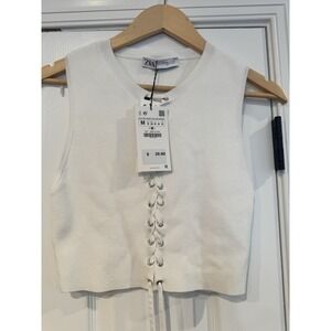Zara White Tight Knit Cropped Fitted Sleeveless Top Laced Center Festival NWT